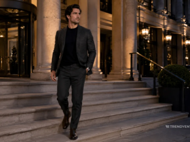 Man wearing a charcoal blazer, black merino knit, tailored trousers, and Chelsea boots showing night out outfits walking down the steps of a luxury British hotel at dusk.