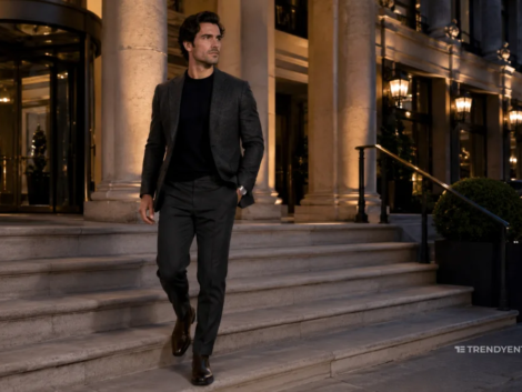 Man wearing a charcoal blazer, black merino knit, tailored trousers, and Chelsea boots showing night out outfits walking down the steps of a luxury British hotel at dusk.