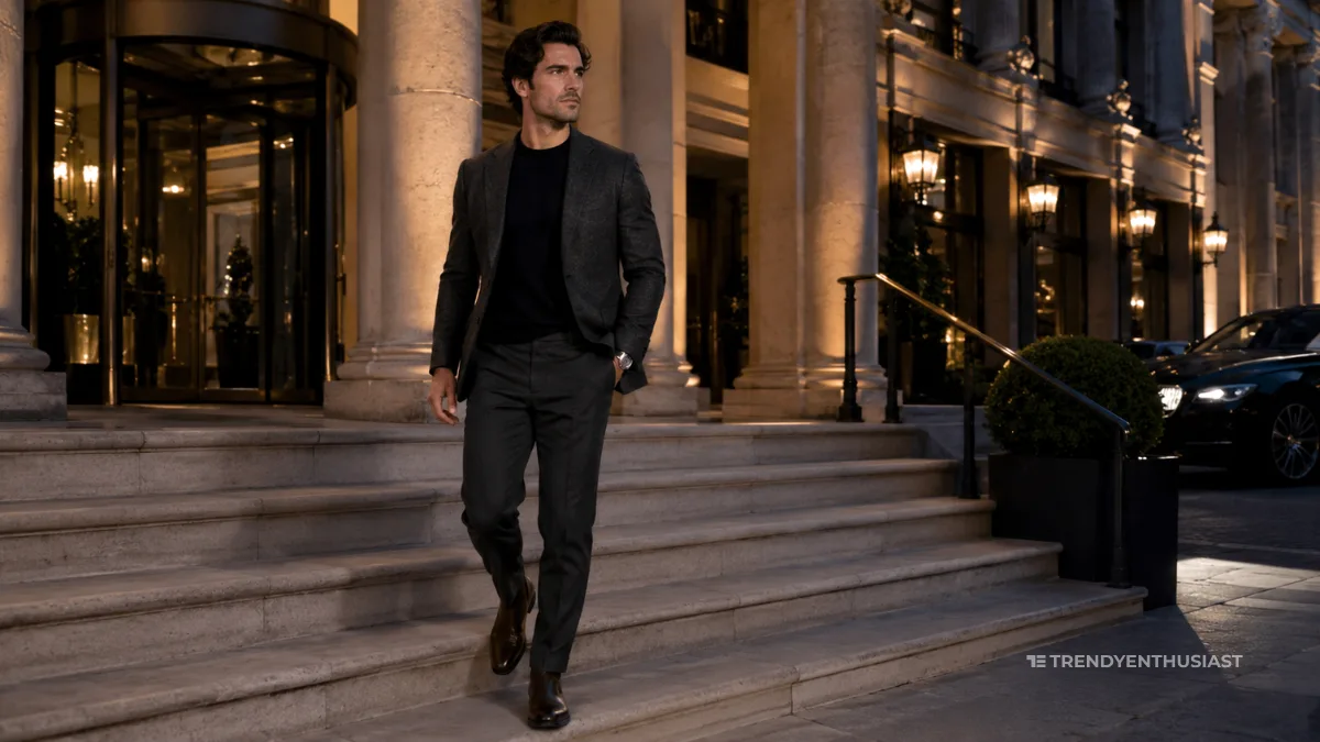 Man wearing a charcoal blazer, black merino knit, tailored trousers, and Chelsea boots showing night out outfits walking down the steps of a luxury British hotel at dusk.