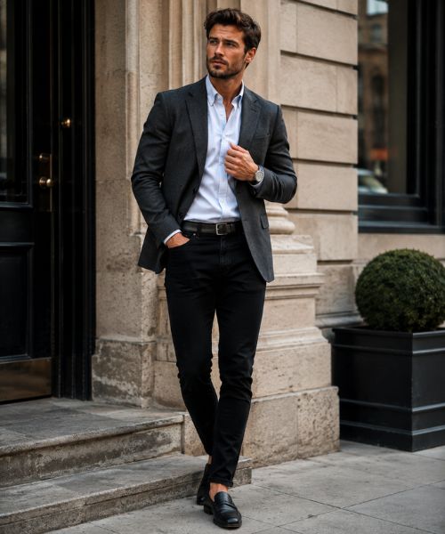 Man wearing black jeans, Oxford shirt, charcoal blazer, and loafers