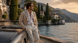 Elegant man in a beige linen blazer relaxing beside a classic convertible at an Italian lakeside villa, embodying quiet luxury, old money aesthetic, and timeless European sophistication looking sideway.
