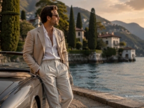 Elegant man in a beige linen blazer relaxing beside a classic convertible at an Italian lakeside villa, embodying quiet luxury, old money aesthetic, and timeless European sophistication looking sideway.