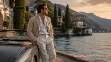 Elegant man in a beige linen blazer relaxing beside a classic convertible at an Italian lakeside villa, embodying quiet luxury, old money aesthetic, and timeless European sophistication looking sideway.