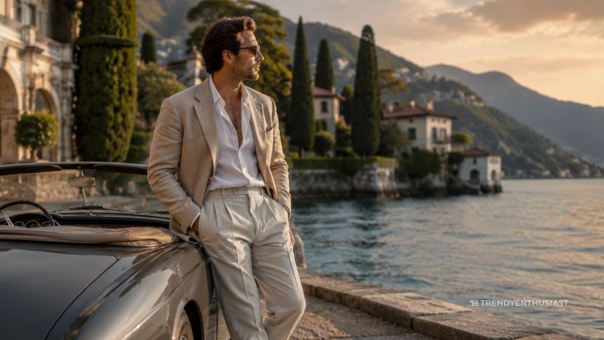Elegant man in a beige linen blazer relaxing beside a classic convertible at an Italian lakeside villa, embodying quiet luxury, old money aesthetic, and timeless European sophistication looking sideway.