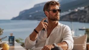 Stylish man wearing a summer colognes by the sea.