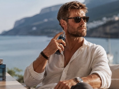 Stylish man wearing a summer colognes by the sea.