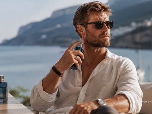 Stylish man wearing a summer colognes by the sea.