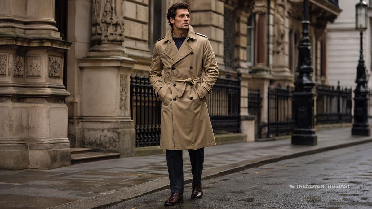 British gentleman wearing a classic beige trench coat in London