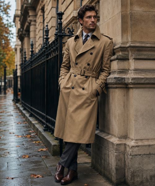 Double-breasted beige trench coat with classic military details