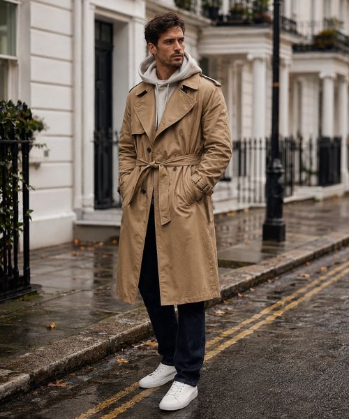 British gentleman in a khaki trench coat, hoodie, dark jeans and white sneakers on a wet London street.