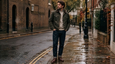 British gentleman wearing a waxed trucker jacket in autumn