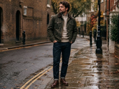 British gentleman wearing a waxed trucker jacket in autumn