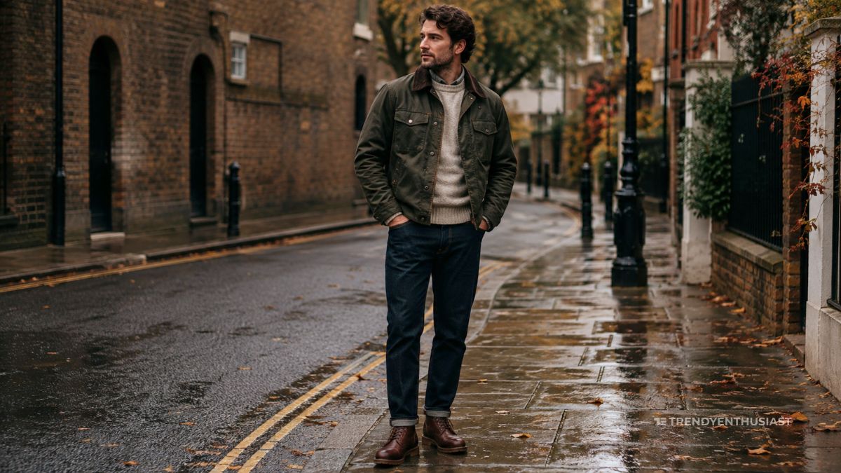 British gentleman wearing a waxed trucker jacket in autumn