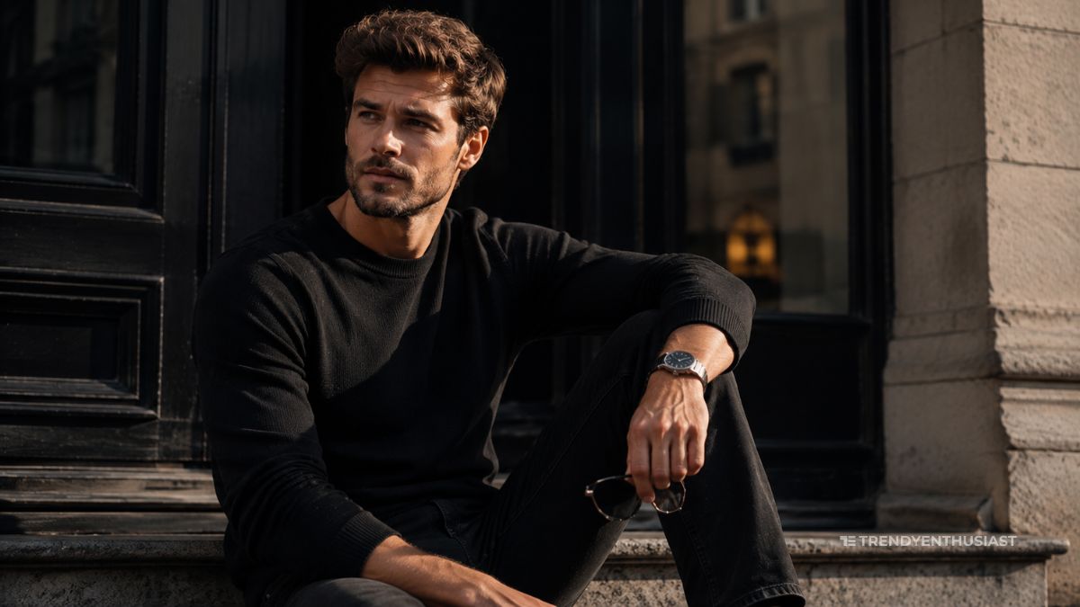 Stylish man wearing black jeans with a black sweater